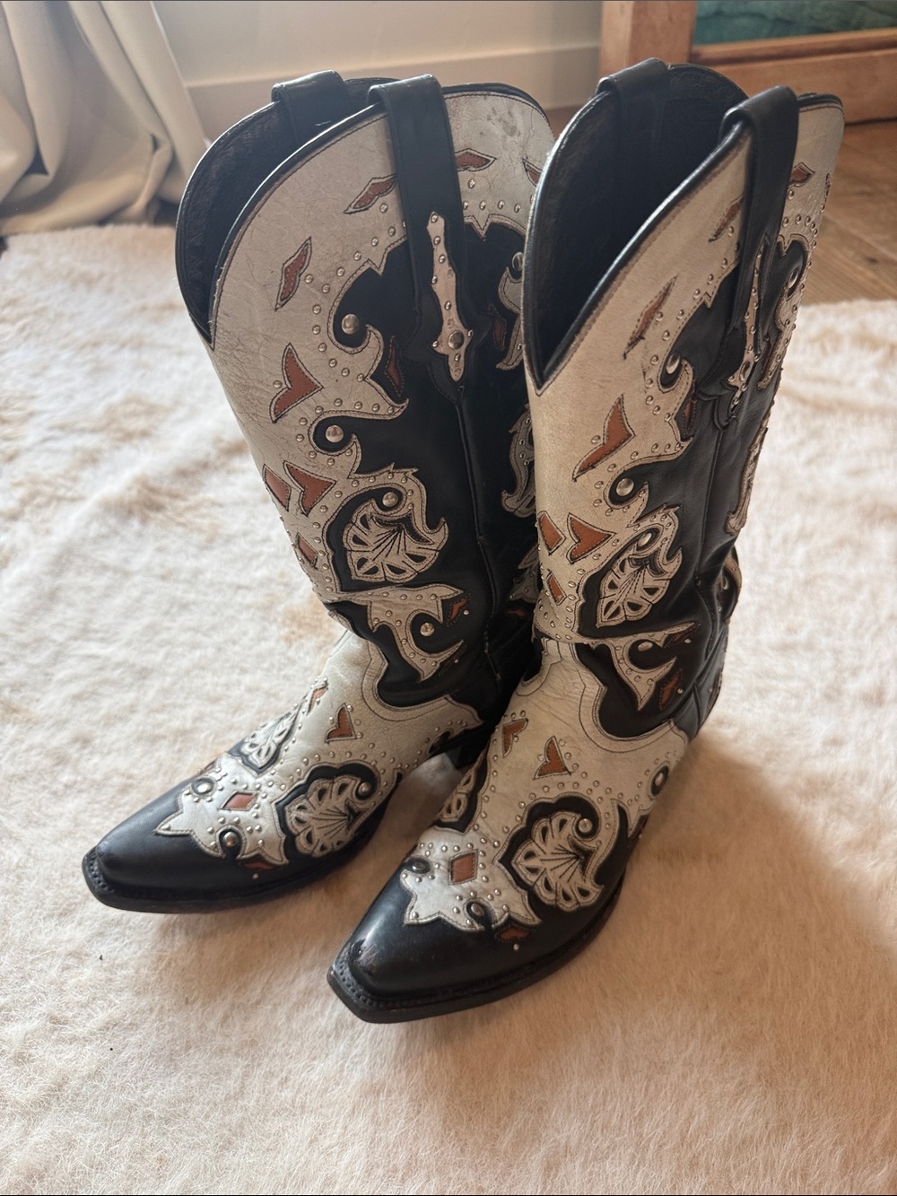 Lucchese Black, Off-White and Brown Studded Western Boots